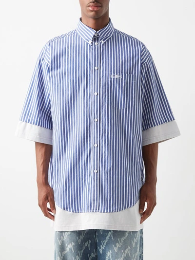 Balenciaga Logo-embroidered Striped Cotton-poplin Shirt In Blue