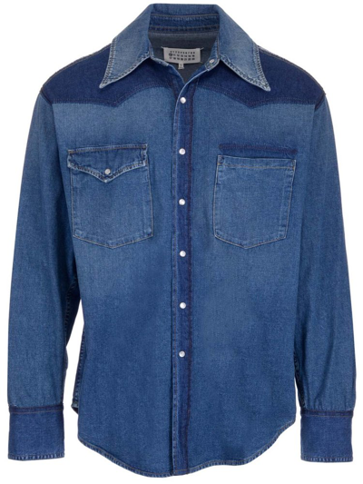 Maison Margiela Two-tone Long-sleeve Denim Shirt In Blue