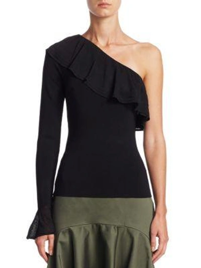 Scripted One-shoulder Ruffled Bell-sleeve Sweater In Black