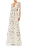 Mac Duggal Embroidered Long Illusion Sleeve Sheath Gown In Ivory/multi