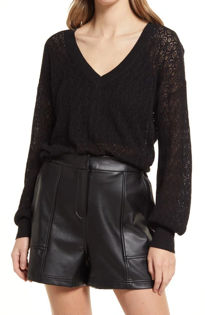 Halogen V-neck Stitch Linen-blend Sweater In Black