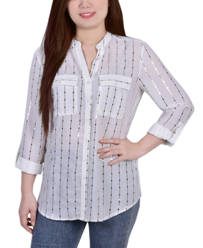 Ny Collection Petite Size 3/4 Sleeve Roll Tab Blouse With Metallic Details Top In White