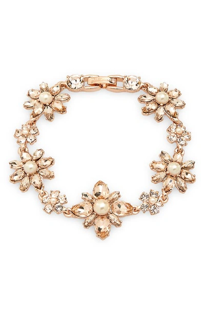 Marchesa Rose Gold-tone Crystal & Imitation Pearl Flower Cluster Flex Bracelet In Pink