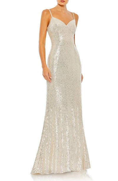 Mac Duggal Sequin Trumpet Evening Gown In Silver Nude