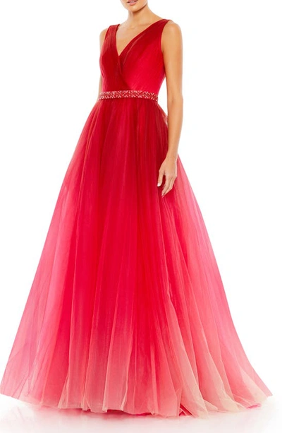 Mac Duggal Beaded Belt Wrap Over Sleeveless Ballgown In Red Ombre