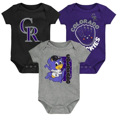 Outerstuff Babies' Newborn And Infant Boys And Girls Black, Purple, Gray Colorado Rockies Change Up 3-pack Bodysuit Set In Black,purple,gray