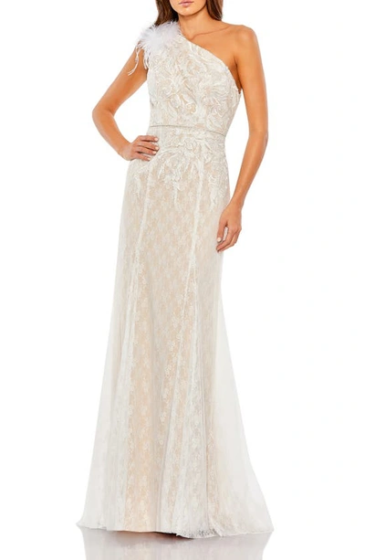 Mac Duggal Lace Embellished Feathered One Shoulder Gown In White