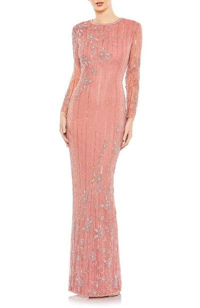 Mac Duggal Sheer Long Sleeve Beaded Gown In Rose