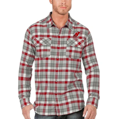 Antigua Red/gray New Jersey Devils Ease Plaid Button-up Long Sleeve Shirt