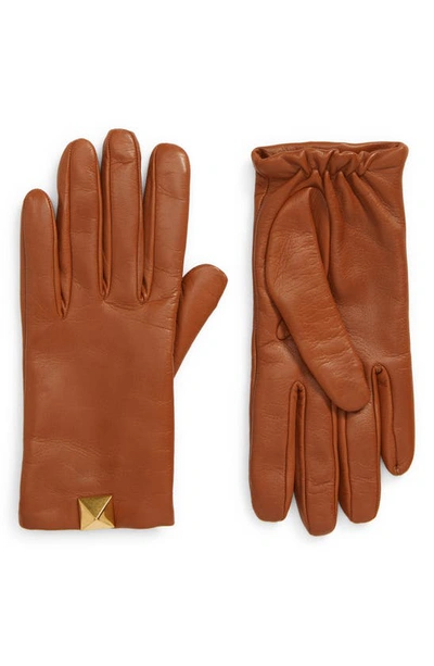 Valentino Garavani Roman Stud Cashmere Lined Leather Gloves In Brown