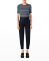 Akris Punto Striped Short-sleeve Merino Wool Rib Pullover In Denim Cream Black