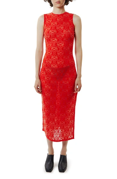 Eckhaus Latta Shrunk Floral Jacquard Mesh Midi Dress In Red