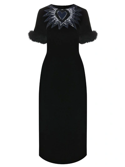 Fendi Fur Trim Velvet Midi Dress In Black