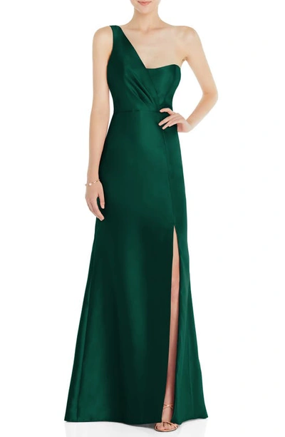 Alfred Sung One-shoulder Satin Twill Trumpet Gown In Green