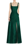 Alfred Sung Square Neck Satin A-line Gown In Green