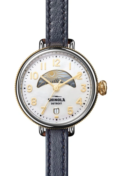 Shinola The Birdy Day & Night Leather Double Strap Watch, 38mm In White/blue