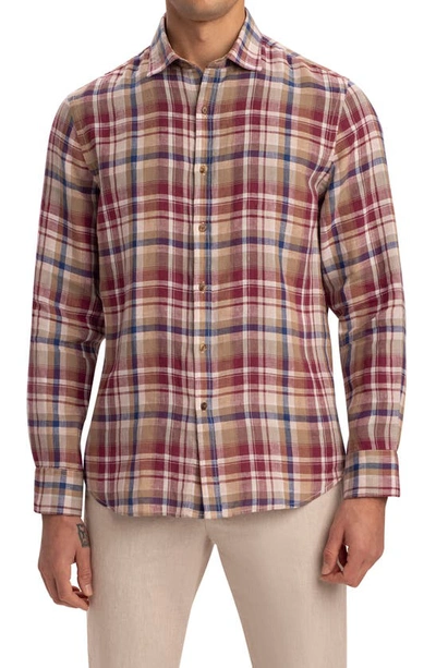 Bugatchi Shaped Fit Plaid Linen Button-up Shirt In Caramel