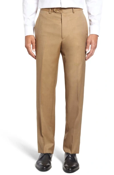 Santorelli Flat Front Twill Wool Dress Pants In Tan