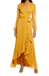Wayf Meryl Long Sleeve Wrap High/low Gown In Marigold