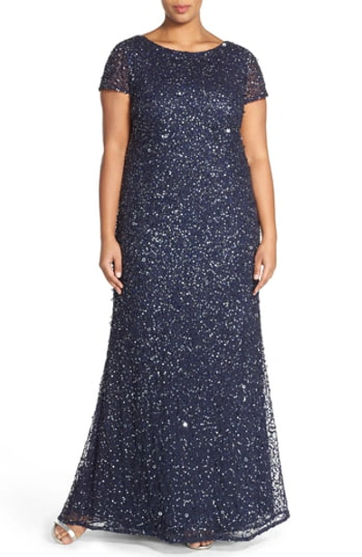 Adrianna Papell Embellished Scoop Back Gown In Navy
