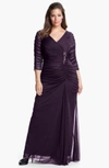 Adrianna Papell Beaded Mesh Gown In Aubergine