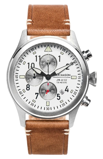 Jack Mason Aviation Chronograph Leather Strap Watch, 42mm In White/ Saddle
