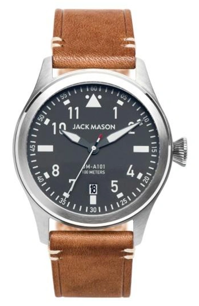 Jack Mason Aviation Leather Strap Watch, 42mm In Grey/ Tan