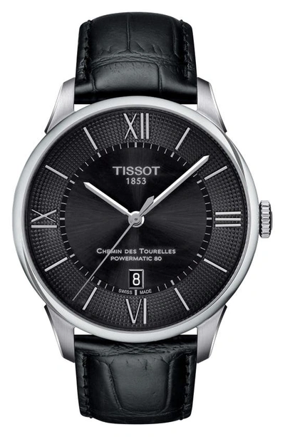 Tissot Chemin Des Tourelles Automatic Leather Strap Watch, 42mm In Black/ Silver