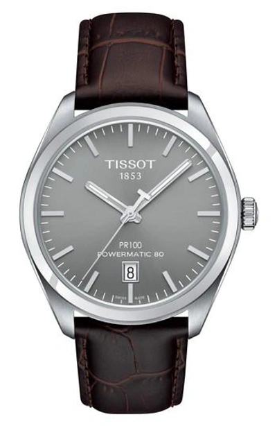 Tissot Pr100 Automatic Leather Strap Watch, 39mm In Brown/ Rhodium/ Silver