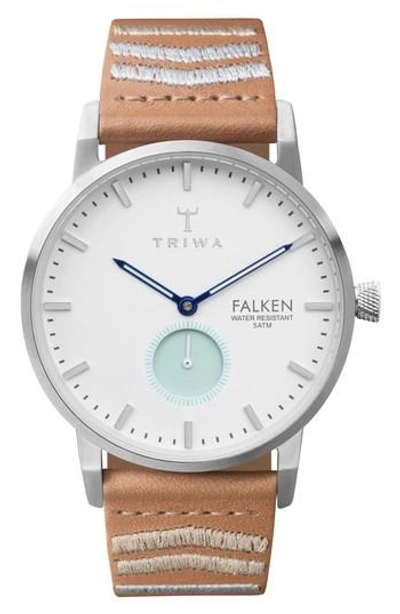 Triwa Wave Falken Embroidered Leather Strap Watch, 38mm In Tan Embroidered/ White/ Silver