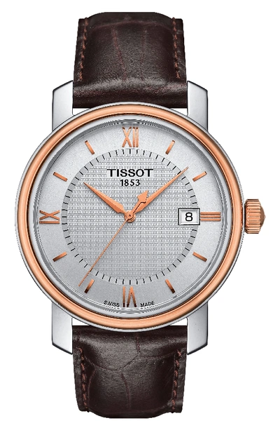 Tissot Bridgeport Leather Strap Watch, 40mm In Brown/ Silver/ Rose Gold
