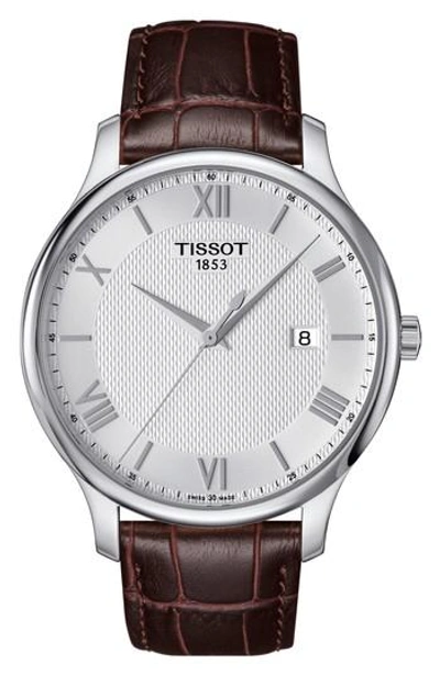 Tissot Tradition Leather Strap Watch, 42mm In Brown/ Silver