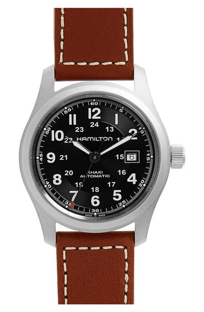 Hamilton Khaki Field Automatic Leather Strap Watch, 42mm In Black/brown