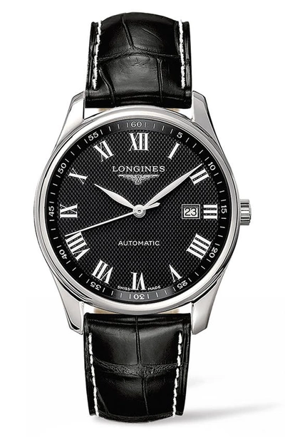 Longines Master Automatic Alligator Leather Strap Watch, 42mm In Black/black