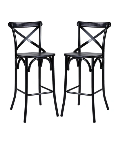 Glitzhome 43" H Steel Bar Stool With Solid Elm Wood Seat And Back Support, Set Of 2 In Black