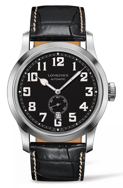 Longines Heritage Automatic Military Leather Strap Watch, 44mm In Black/ Silver