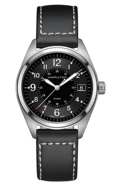 Hamilton Khaki Field Leather Strap Watch, 40mm In Black/ Silver