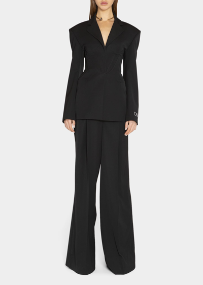 Versace Informal Wool Gabardine Wide-leg Pants In Black