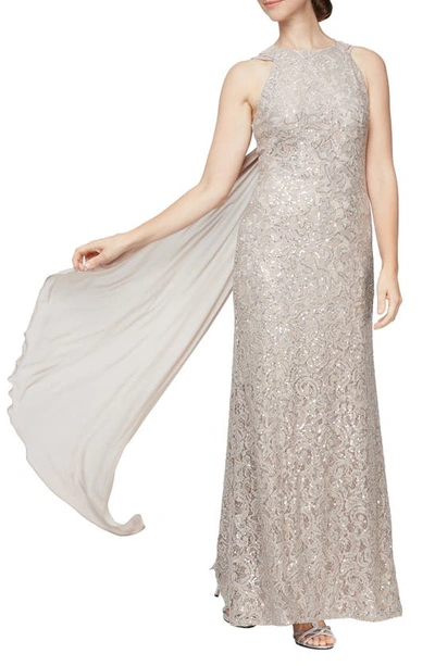 Alex & Eve Sequin & Lace Drape Back Gown In Buff