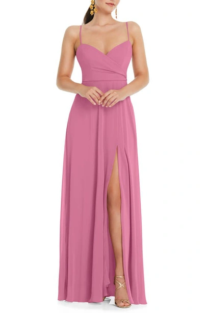 Lovely Dessy Collection Adjustable Strap Wrap Bodice Maxi Dress With Front Slit In Pink
