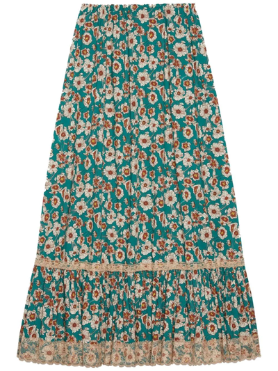 Gucci Lace-trimmed Floral Print Skirt In Blue