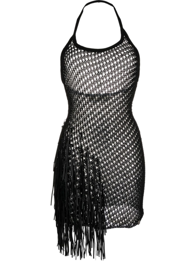 Alyx Fringe-trim Crochet-knit Mini Dress In Black