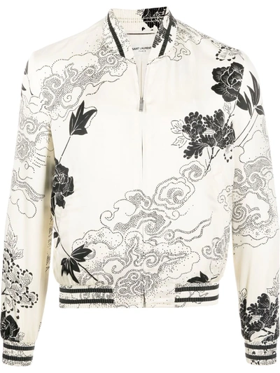 Saint Laurent Floral Printed Long-sleeved Bomber Jacket In Gesso/nero