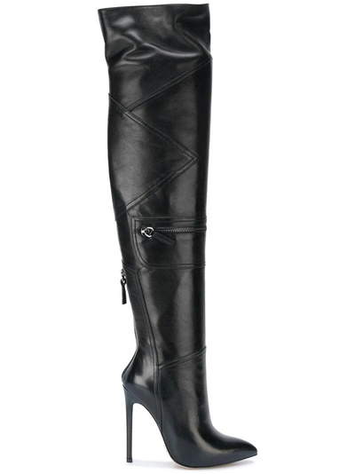 Gianni Renzi Thigh High Panelled Boots In Black