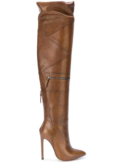 Gianni Renzi Thigh High Panelled Boots In Brown