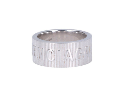 Balenciaga Embossed-logo Sterling-silver Hoop Earcuff In Shiny Silver