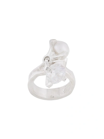E.m. Crystal And Pearl Ring In Metallic
