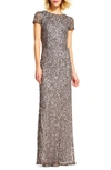 Adrianna Papell Short Sleeve Sequin Mesh Gown In Lead