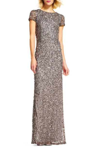 Adrianna Papell Short Sleeve Sequin Mesh Gown In Lead