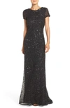 Adrianna Papell Short Sleeve Sequin Mesh Gown In Black